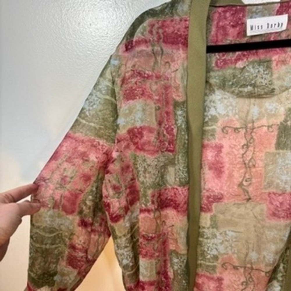 Miss Derby‎ Open Front Cardigan Women Sz L Pink Green Abstract Sheer Layering - Picture 2 of 8